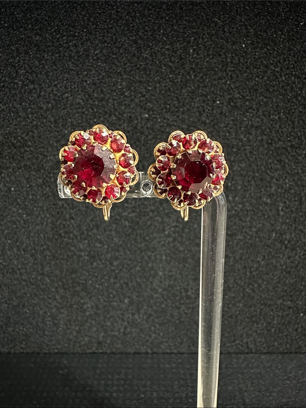 Vintage Sarah Coventry Gold-Tone “Deep Burgundy” Cluster Clip-On Earrings